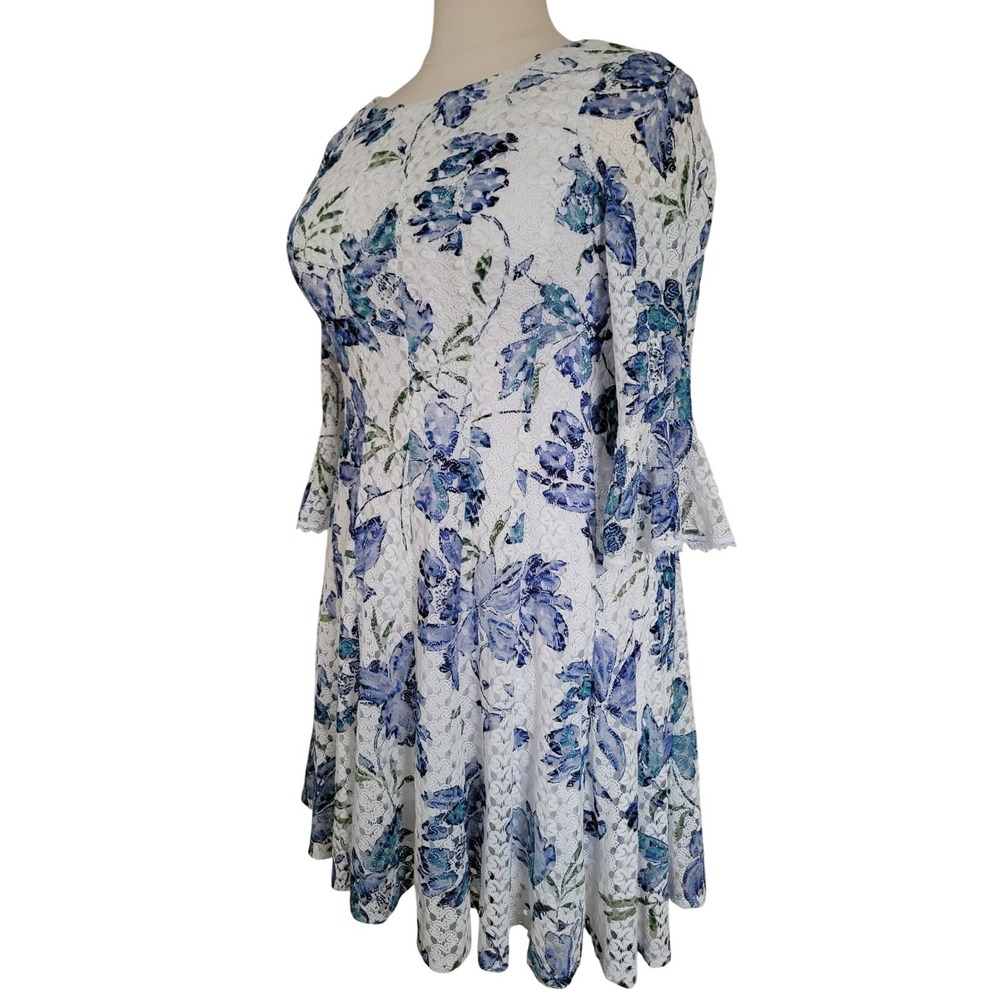 Rabbit Rabbit Rabbit Designs Blue White Floral Lace Bell Sleeve Dress Size 16